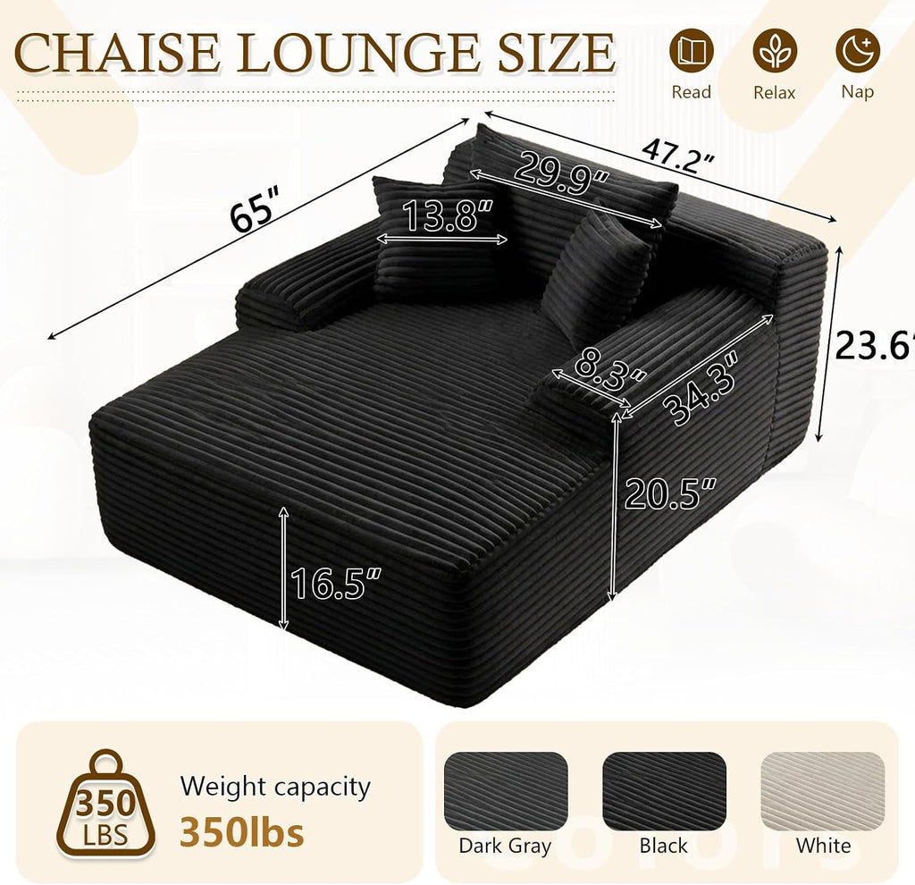 ODUWA 65" Oversized Chaise Lounge Chair Indoor, Boneless Cloud Couch Chair with Wide Armrest 3 Pillows, Comfy Cozy Sofa Bed Couches for Living Room No Assembly Require, Black