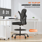 Synorla Ergonomic Drafting Chair, Tall Office Chair with Flip-up Armrests, Breathable Mesh High Desk Chair with Lumbar Support Adjustable Footrest Ring for Standing Desk Black