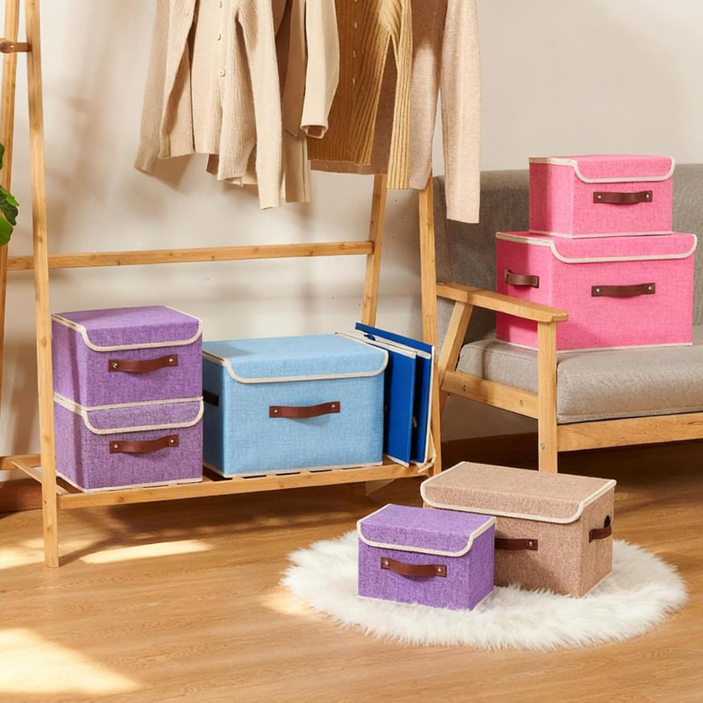 2PCS Storage Boxes with Lid Cotton Linen Fabric Storage Bins Organizer Container Decorative Collapsible Washable Shelf Closet Baskets Faux Leather Handles Home Bedroom (Linen, Large)