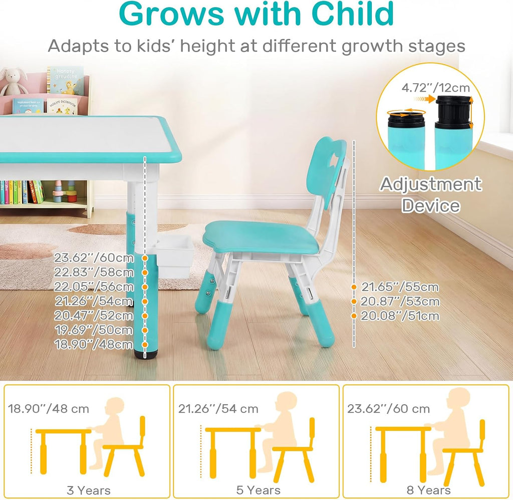 Olakids Kids Table and 2 Chair Set, Height Adjustable Toddler Activity Desk with Graffiti Desktop Storage Boxes, Children Furniture for Arts Crafts Learning Drawing (Light Green)