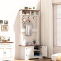Hall Tree with Shoe Rack, 5-in-1 Farmhouse Coat Rack with Shoe Bench, Standing Shoe Storage with 3 Hooks for Front Door Entrance Mudroom Entryway Bedroom Hallway Living Room, White and Walnut