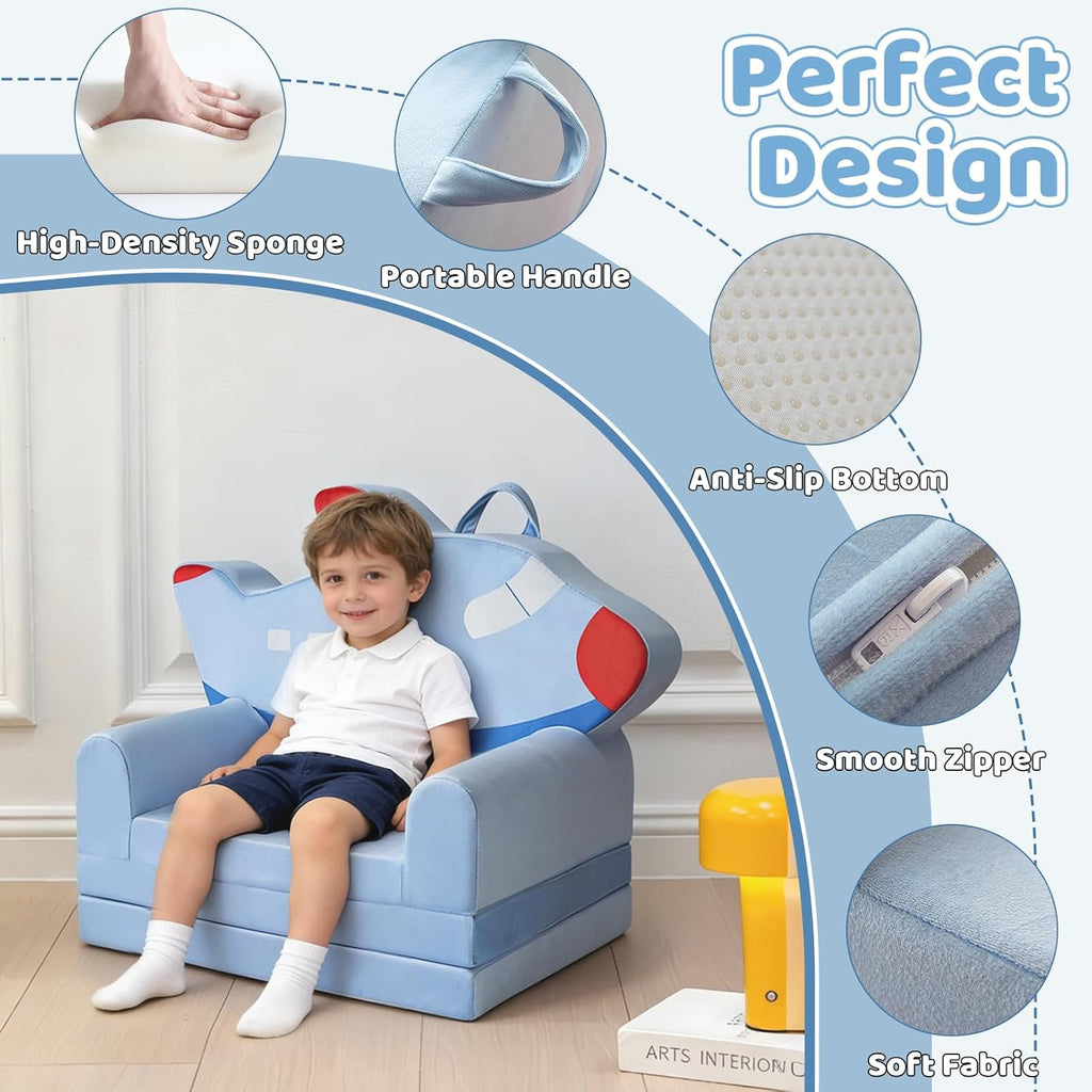 Toddler Couch 2 in 1 Flip-Out Kids Couch, Fold Out Foam Kids Sofa with Soft Washable Cover, Airplane Design for Playroom