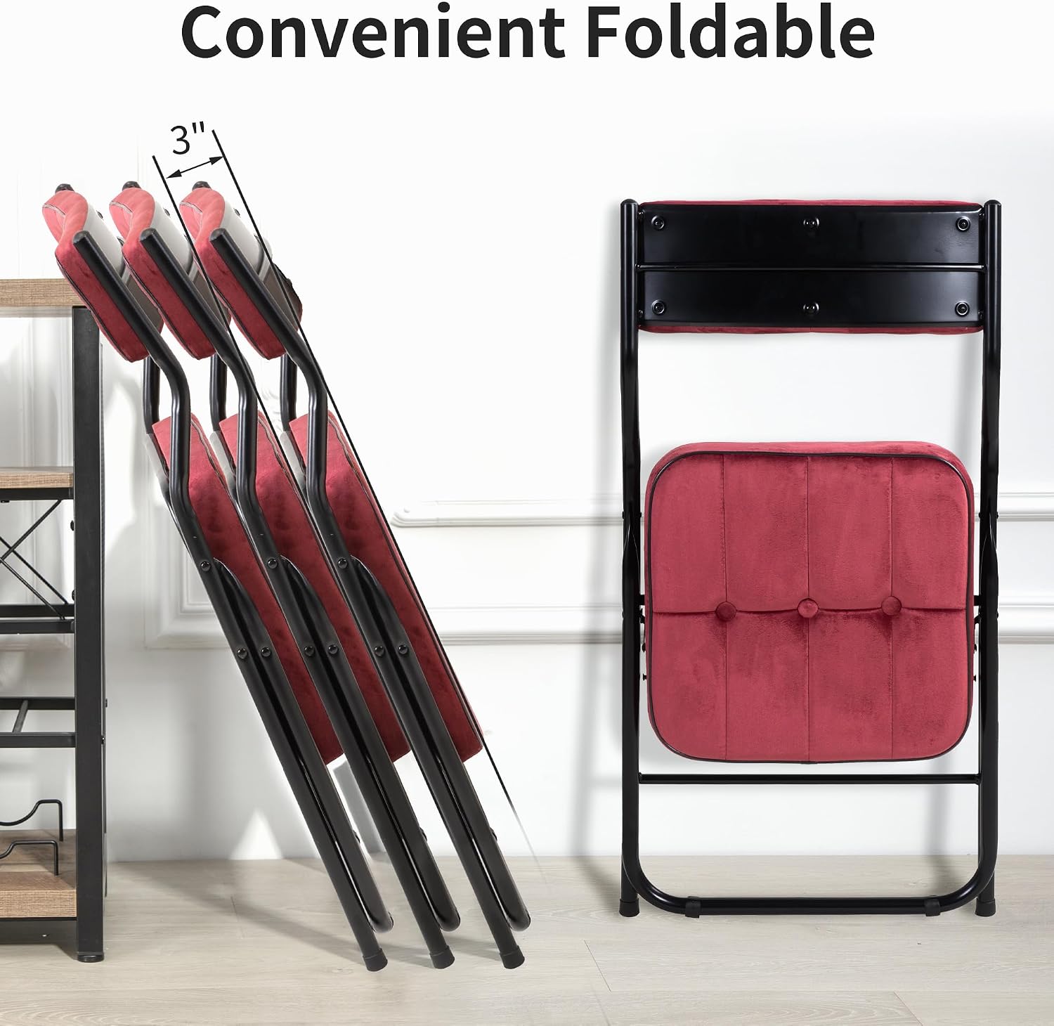 HOMEFUN Padded Folding Chairs 4 Pack - Foldable Dining Chair with Cushion, Portable and Assembled Extra Seat for Guests Kitchen Office Wedding Party Wine Red