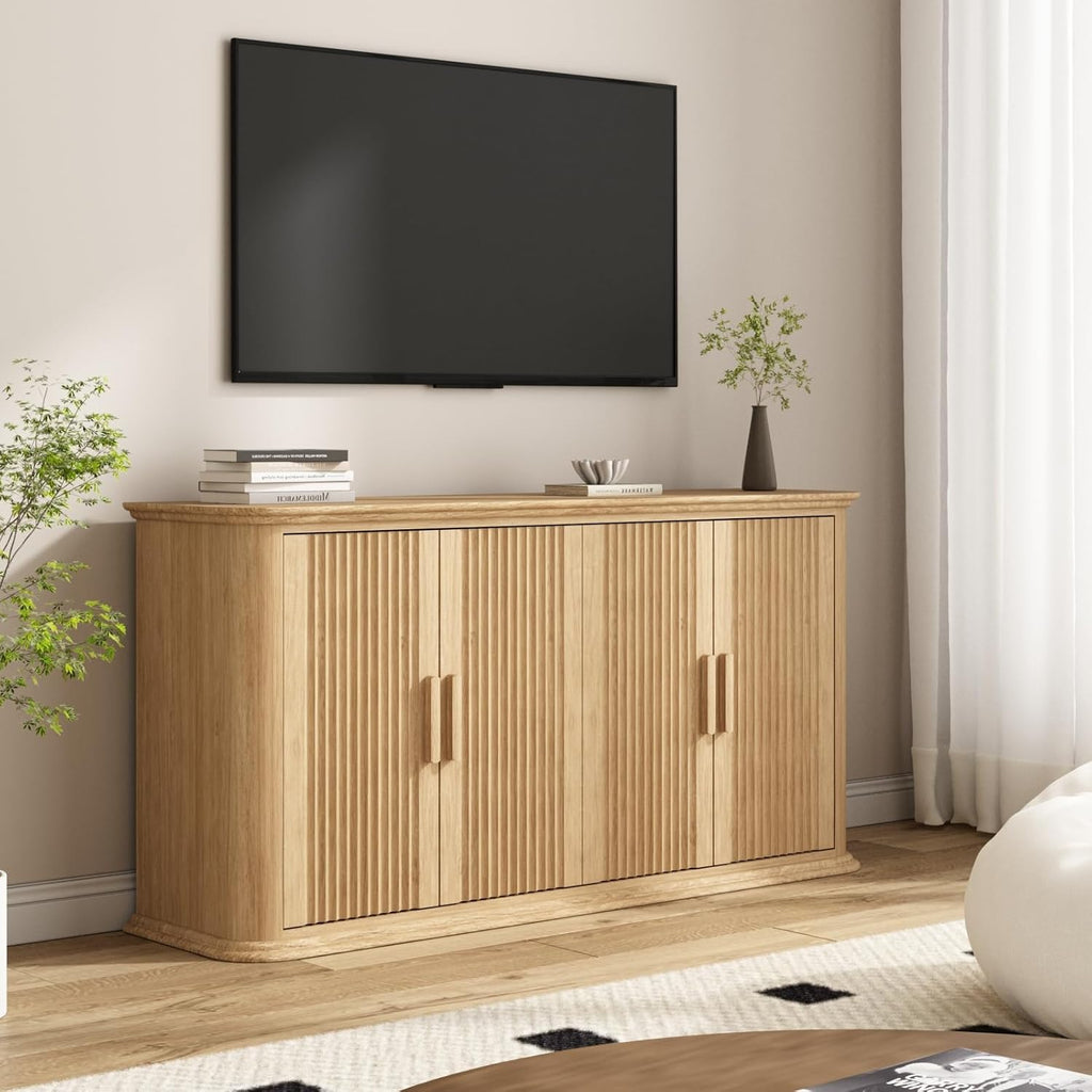 Fluted Sideboard Buffet Cabinet with Storage, 60" Modern Credenza with 4 Doors & Adjustable Shelves, Wood Coffee Bar Table for Living Room, Kitchen, Dining Room, Hallway, Natural Oak