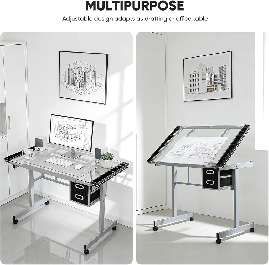 Magshion Professional Drafting Table for Adults Teens, Tilting Glass Tabletop Art Craft Desk Diamond Watercolor Paintings Sketching Work Station for Home Office Reading, Writing, Crafting (Clear)