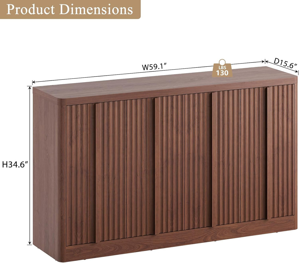 Fluted Buffet Cabinet with Storage, 60" Sideboard Buffet Storage Cabinet with 4 Doors & Adjustable Shelves, Wood Coffee Bar Credenza Storage Cabinet for Kitchen, Living Room, Walnut(1PCS)