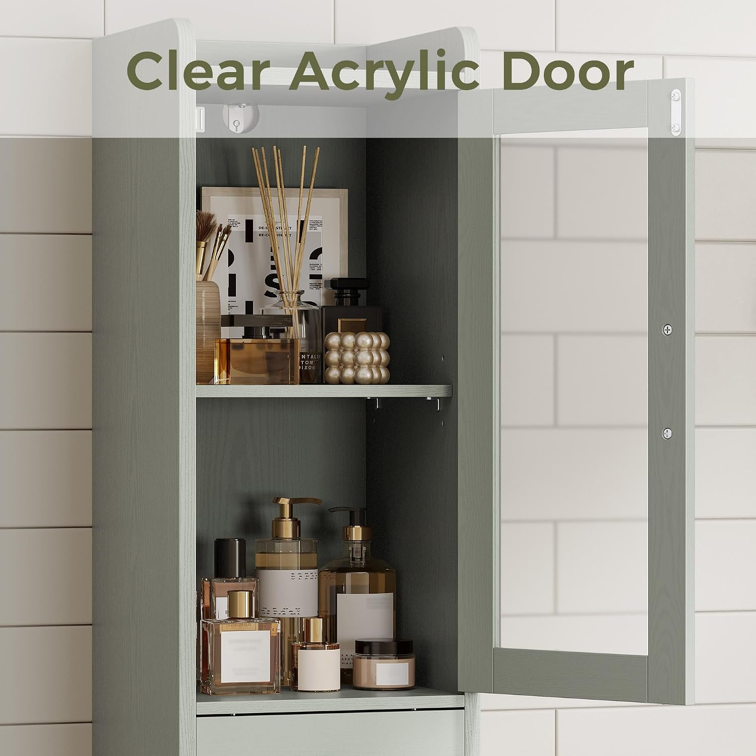 IRONCK Tall Bathroom Cabinet with Drawer and Door, 71" H Slim Freestanding Narrow Storage Cabinet with Adjustable Shelves, Retractable Toilet Paper Rod, for Small Spaces, 11.8" W Green