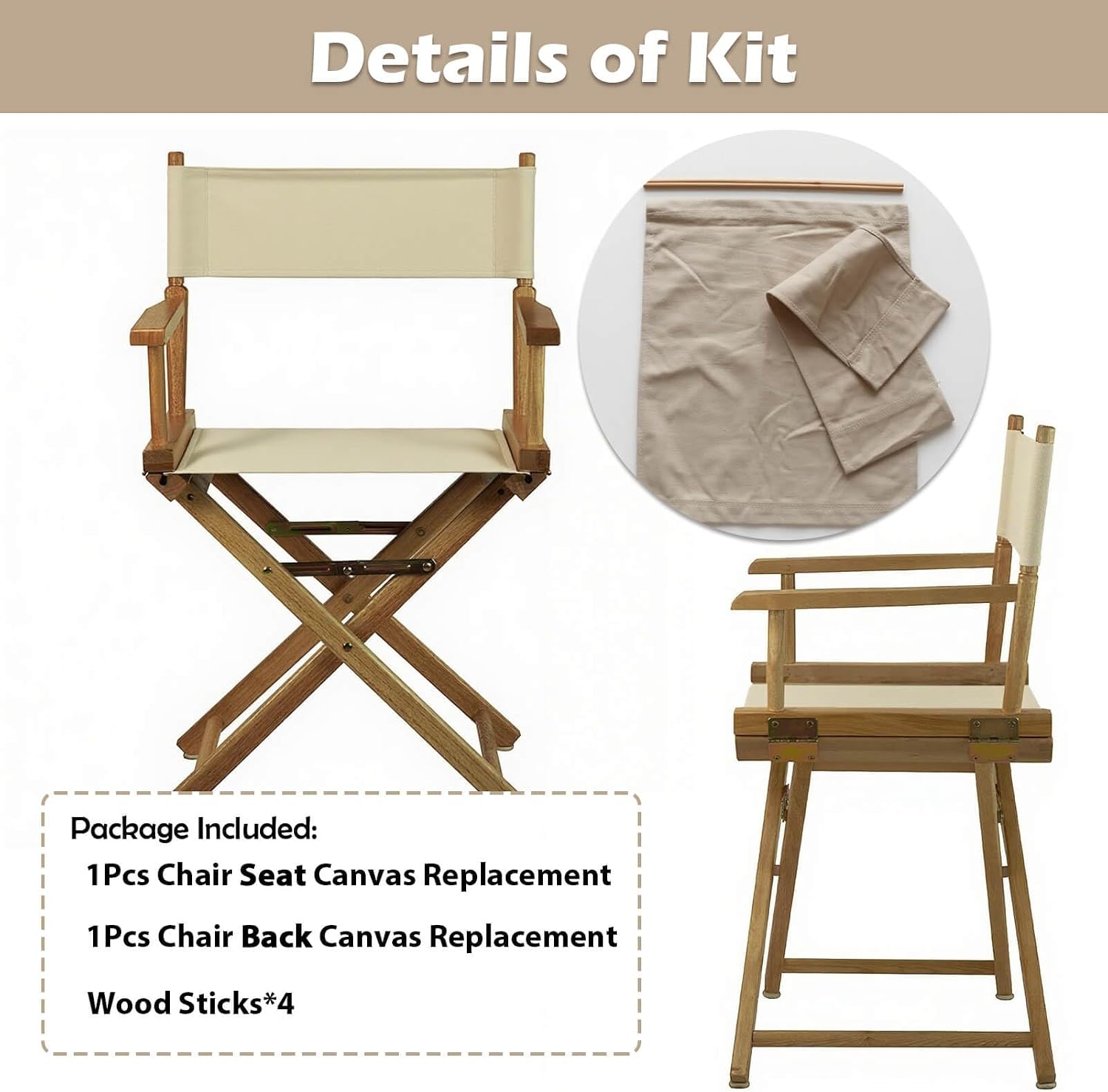 STAY GENT Director's Chair Canvas Replacement Kit 21"L x 8"W - 21"L x 16.5"W Replacement Canvas Durable Cotton Canvas Seat & Back Covers for Home,Model Artist,Makeup,Show Dressing Room, 1 Set Khaki
