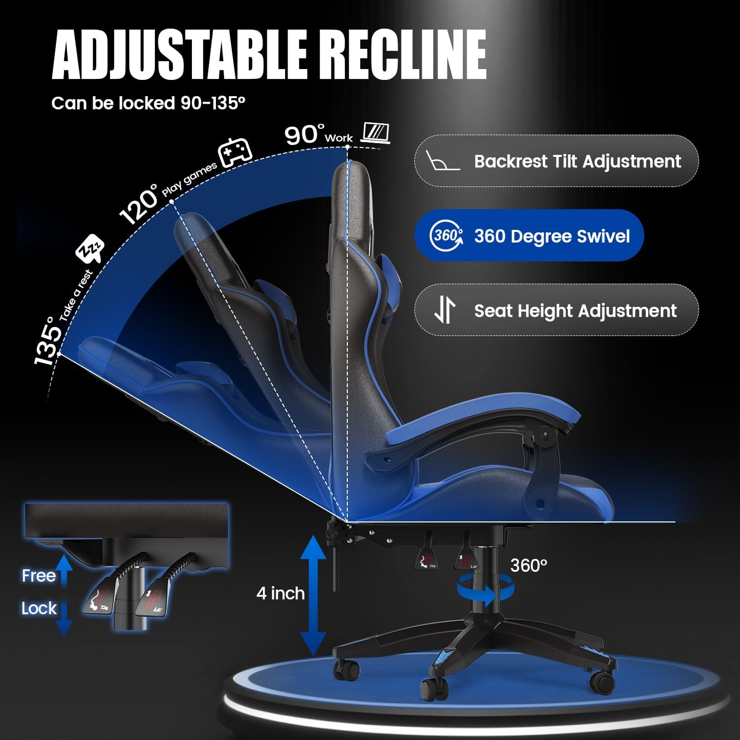 Bigzzia Gaming Chair, Computer Game Chair with Lumbar Support, Comfortable Video Game Chairs for Adults Kids, Racing Style Gamer Chair with 360°-Swivel Seat and Headrest（Blue）