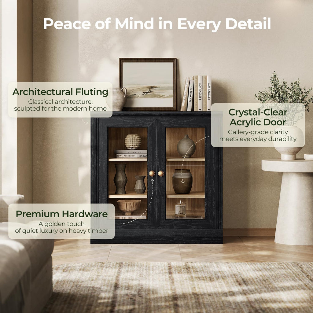 CHIC HOUSE Monos Storage Cabinet with Acrylic Doors & Shelves, 32" Modular Fluted Sideboard Buffet Cabinets, Small Coffee Bar Kitchen Pantry, Modern Media Console Cabinet for Living Room, Black