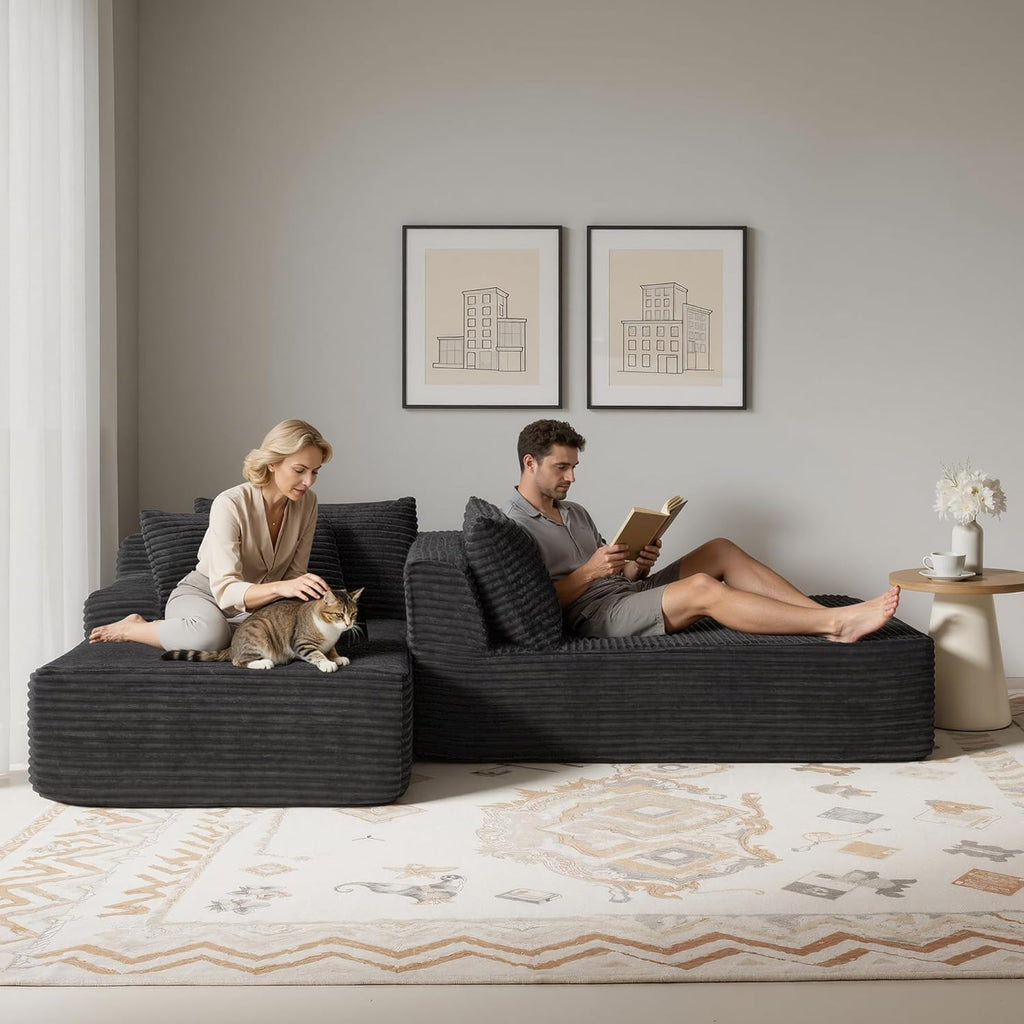 83” Oversized Double Chaise Lounge Indoor, Black Corduroy Chaise Lounge Chair, Upholstered Sleeper Sofa Bed, Deep Seat Sleeper Loveseat Reading Chairs, Boneless Cloud Couch for Living Room Bedroom
