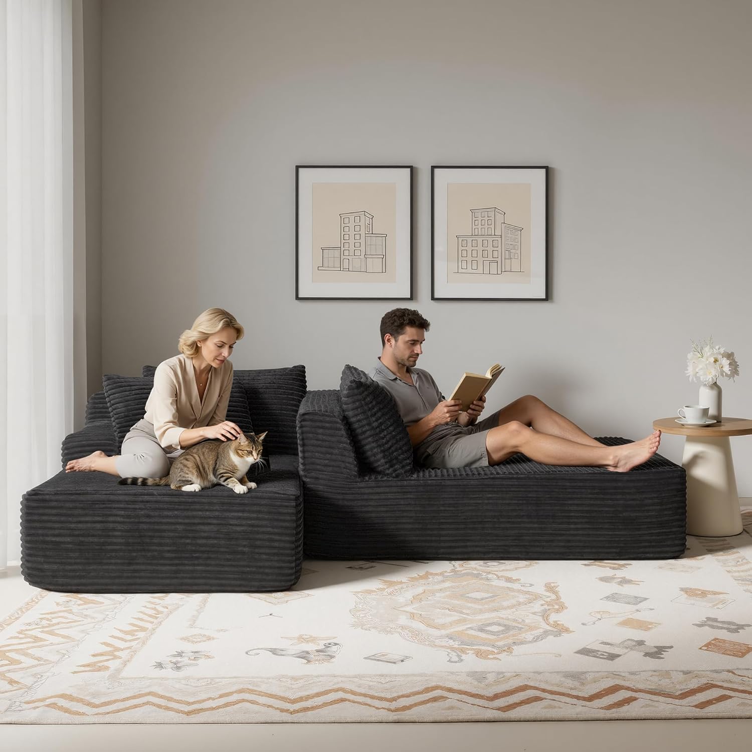 83” Oversized Double Chaise Lounge Indoor, Black Corduroy Chaise Lounge Chair, Upholstered Sleeper Sofa Bed, Deep Seat Sleeper Loveseat Reading Chairs, Boneless Cloud Couch for Living Room Bedroom