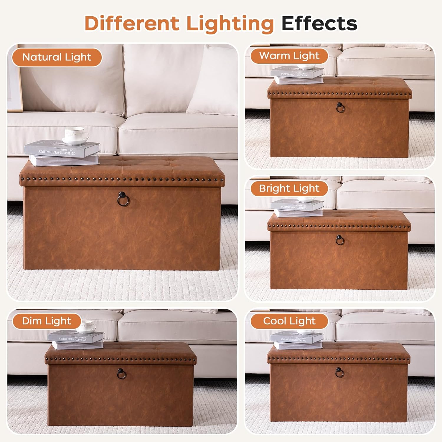 oakvivo 30 Inches Folding Storage Ottoman Bench, PU Leather Tufted End of Bed Bench, Foot Rest with Rivet Design, Ottoman with Storage, Load 330 lb, for Living Room, Bedroom, Entryway, Brown