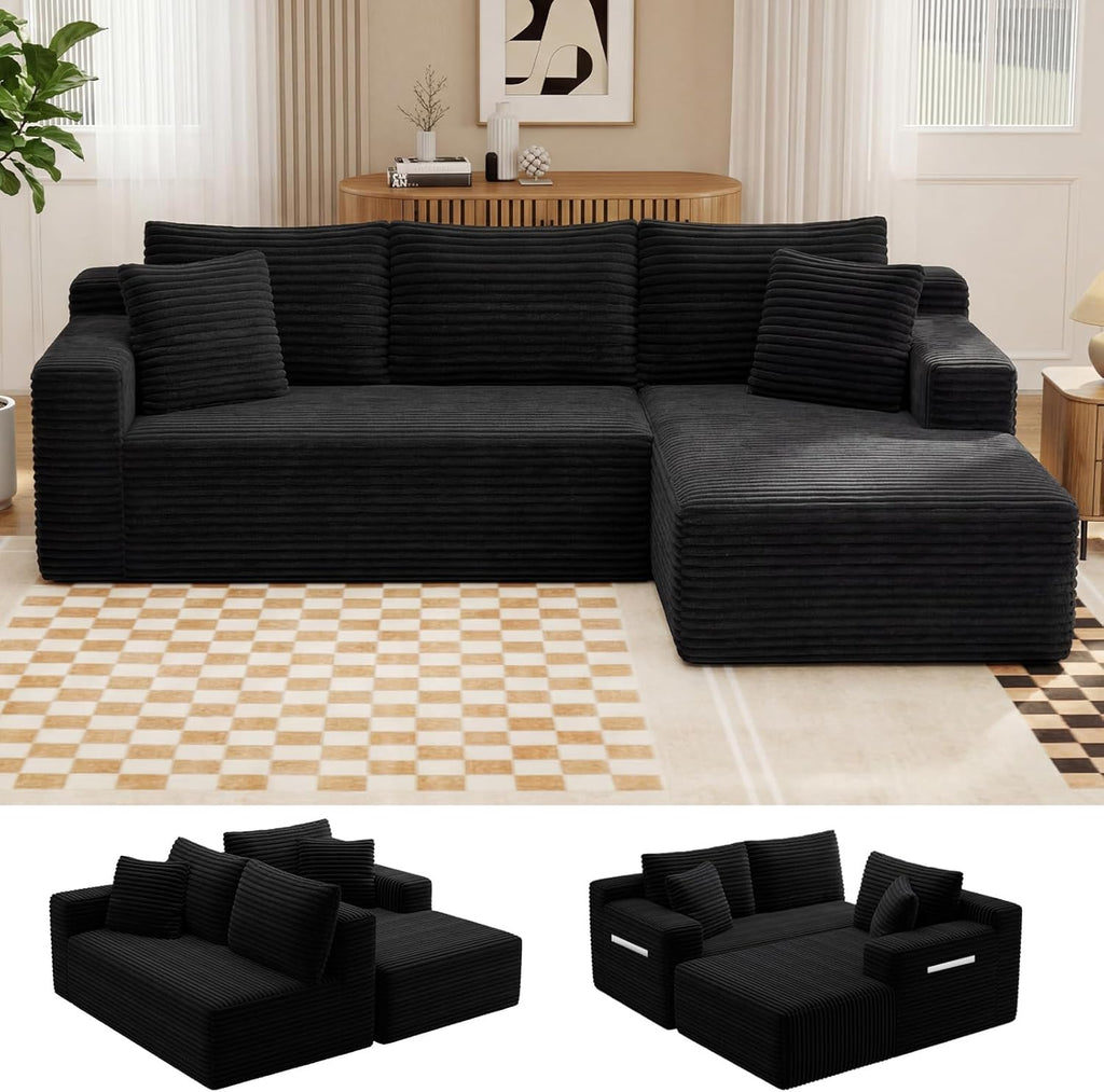 94.5" L-Shaped Cloud Sectional Couch for Living Room, Modern Minimalist Upholstered Boneless Sofa,Corduroy Fabric Modular Sectional Sofa with Chaise, No Assembly Required (Black, Right)