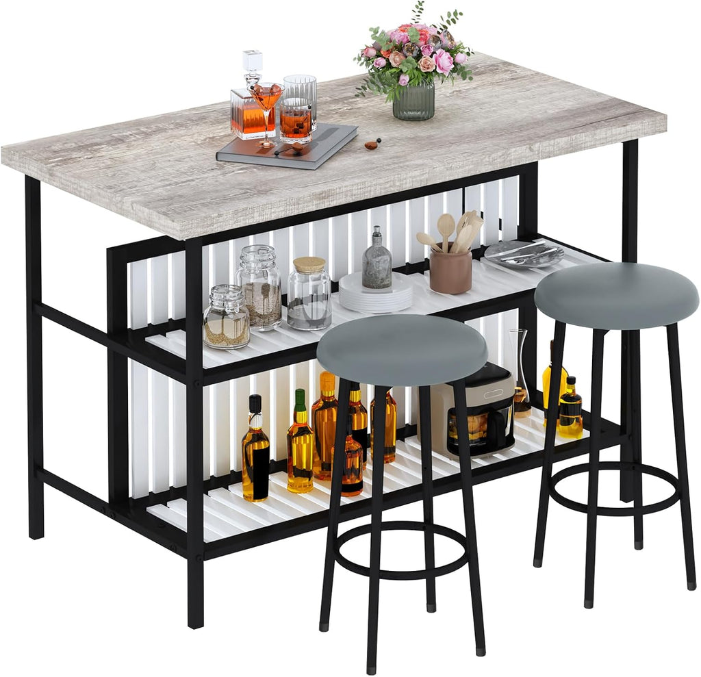 Lamerge 3 Piece Bar Table and Chairs Set, Industrial Bar Table Set with Storage Shelves,Marble Counter Height Island with 2 Bar Stools,Modern Pub Island for Kitchen,Grey