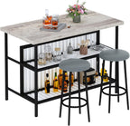 Lamerge 3 Piece Bar Table and Chairs Set, Industrial Bar Table Set with Storage Shelves,Marble Counter Height Island with 2 Bar Stools,Modern Pub Island for Kitchen,Grey
