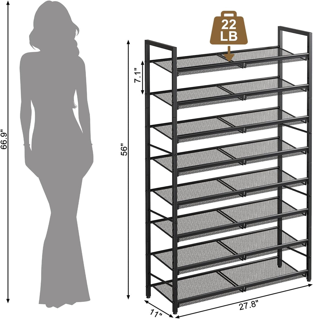 8 Tier Metal Shoe Rack, Tall Shoe Organizer Holds 32-40 Pairs, with Adjustable Flat or Angled Shelves, Shoe Storage Shelf for Closet, Entryway, Garage, Black