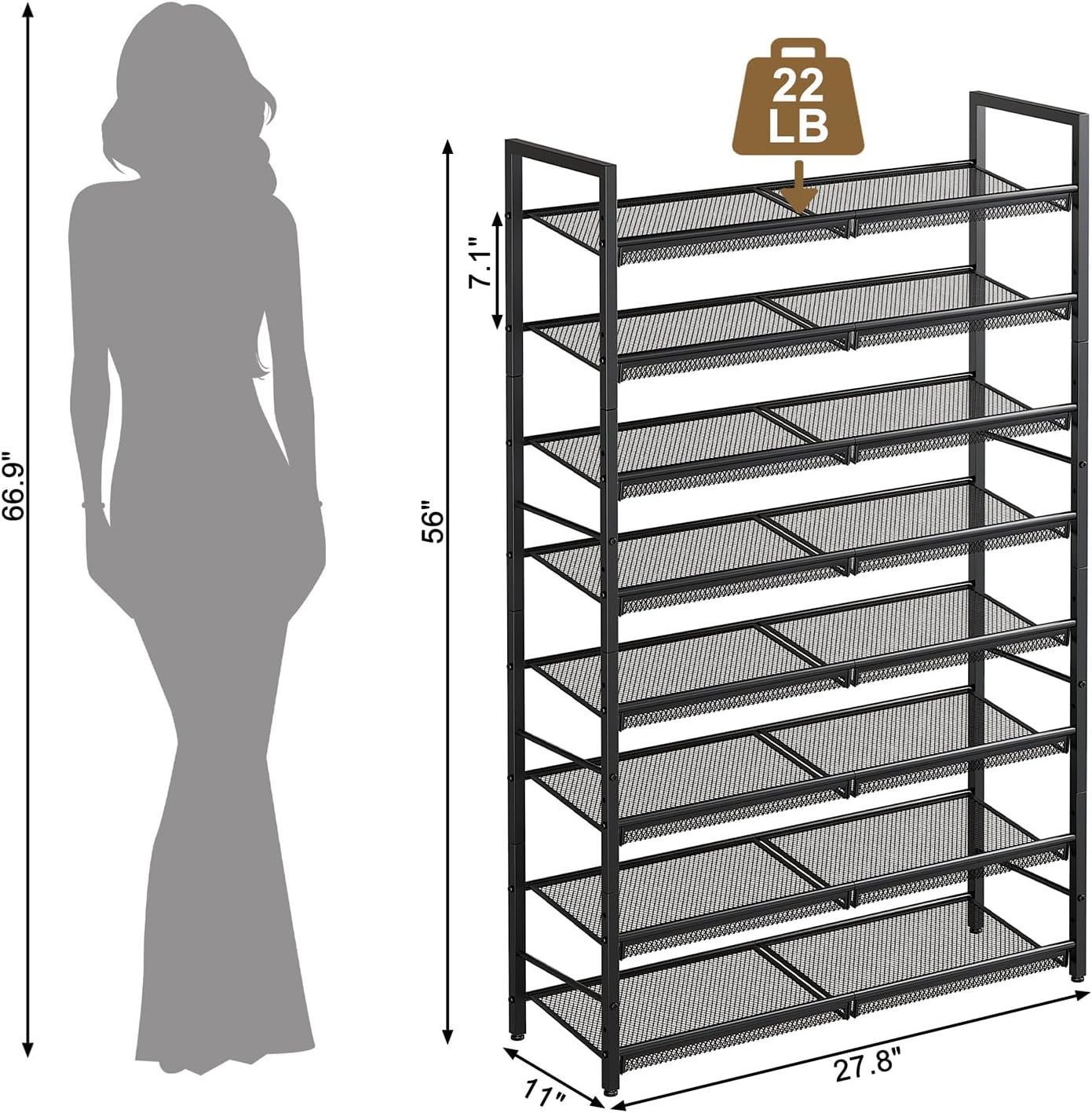 8 Tier Metal Shoe Rack, Tall Shoe Organizer Holds 32-40 Pairs, with Adjustable Flat or Angled Shelves, Shoe Storage Shelf for Closet, Entryway, Garage, Black
