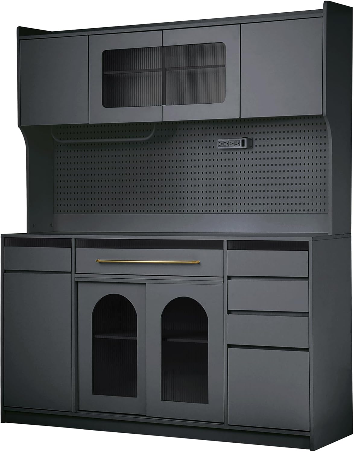 Large Pantry Cabinet with Hutch and Adjustable Shelves, Freestanding Coffee Bar Storage Cabinet with Drawers, Pegboard and Power Outlet for Kitchen, Dining Room (Black)