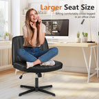 Sweetcrispy Criss Cross Chair Legged, PU Leather Armless Office Swivel Desk Chairs No Wheels, Vanity Height Adjustable Wide Seat Faux Leather Computer Task Chair for Home Bedroom, PU-Black