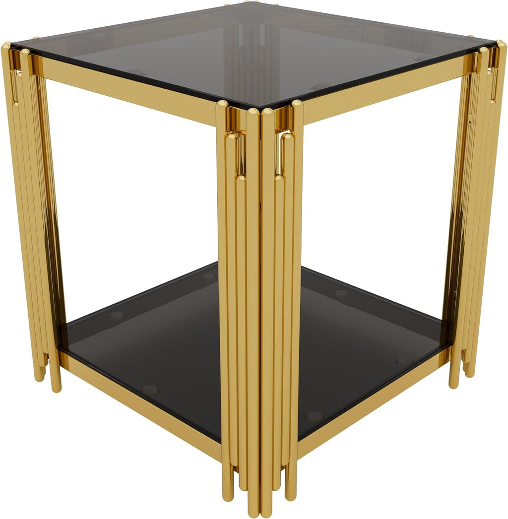 19.9" Square End Table for Living Room, Modern Luxury Side Table with Lower Shelf and Stainless Steel Irregular Leg for Small Space Home Office, Black