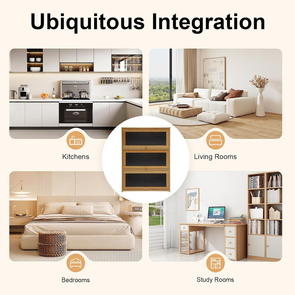 Kitchen Pantry Sideboard Small Bamboo Cabinet with 3 Clear Acrylic Doors Freestanding Countertop Storage for Dishes Bottles Spices