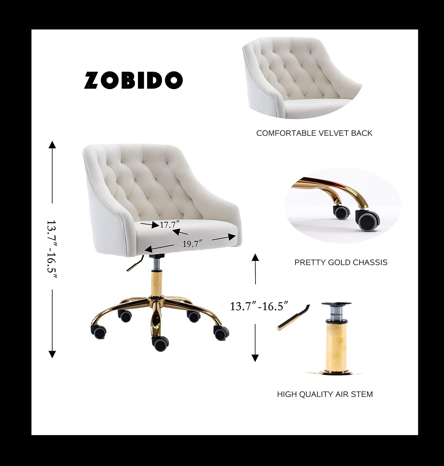 Comfy Home Office Task Chair with Wheels, Cute Modern Upholstered Velvet Seashell Back Adjustable Swivel Vanity Desk Chair, for Women, for Kids, for Girls, Living Room, Bedroom, (White)