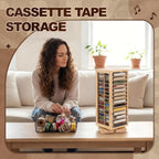 Ripeng Cassette Tape Holder, 28 Capacity 360° Rotating Double Sided Storage Rack, Natural Metal & Wood Display Shelf for Home, Music Studio