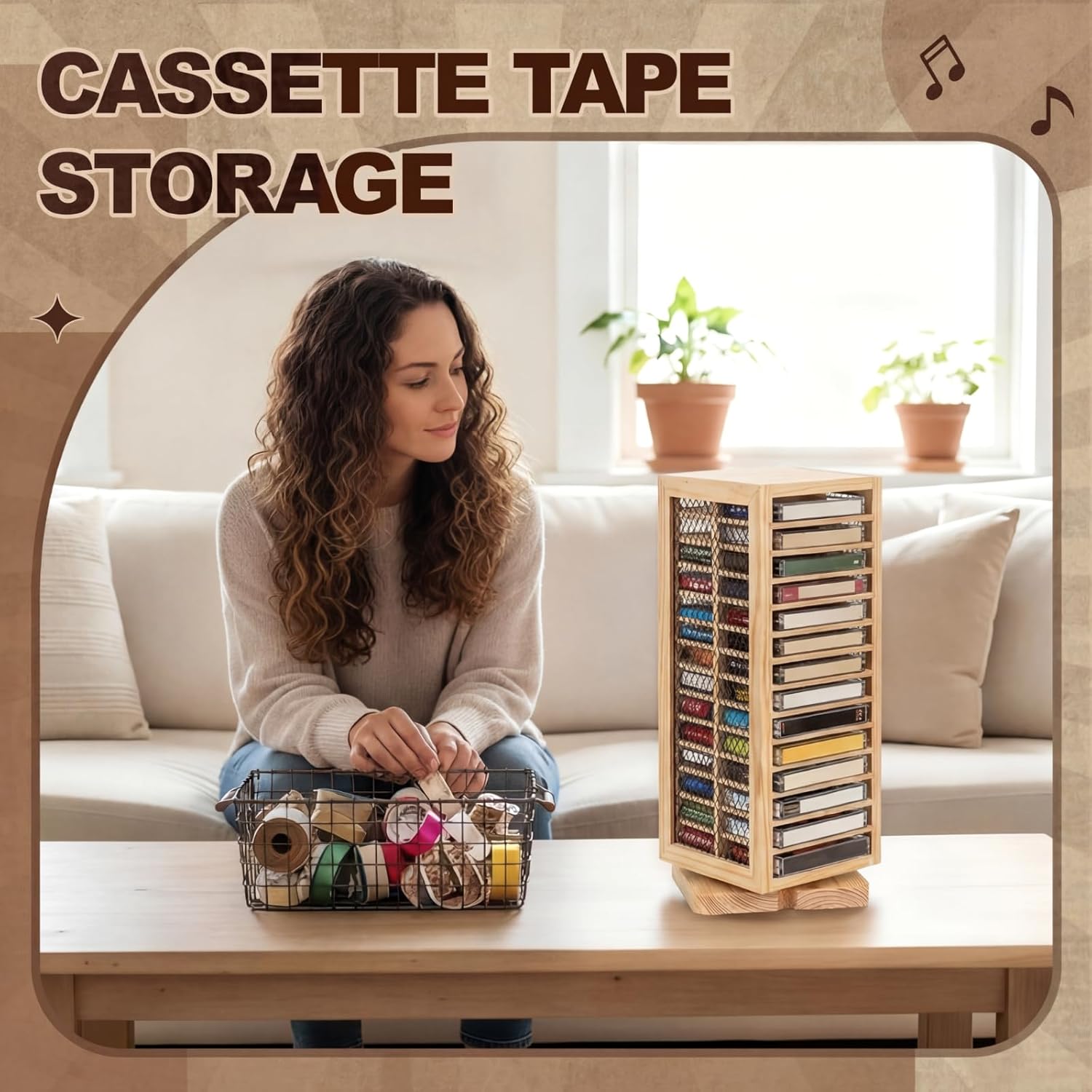 Ripeng Cassette Tape Holder, 28 Capacity 360° Rotating Double Sided Storage Rack, Natural Metal & Wood Display Shelf for Home, Music Studio