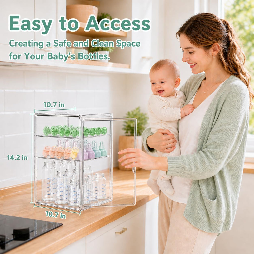 Baby Bottle Storage Organizer for Countertop, Large Clear Bottle Organizer, Baby Bottle Storage Organizer for Bottles, Nipples, Pump Parts, Cabinet, Kitchen Pantry