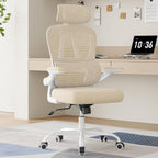 Ergonomic Office Chair with Lumbar Support and Headrest, High Back Mesh Desk Chair with Flip-Up Armrests, 350lbs Capacity Swivel Computer Chair for Home Office, Bedroom (Khaki + White)