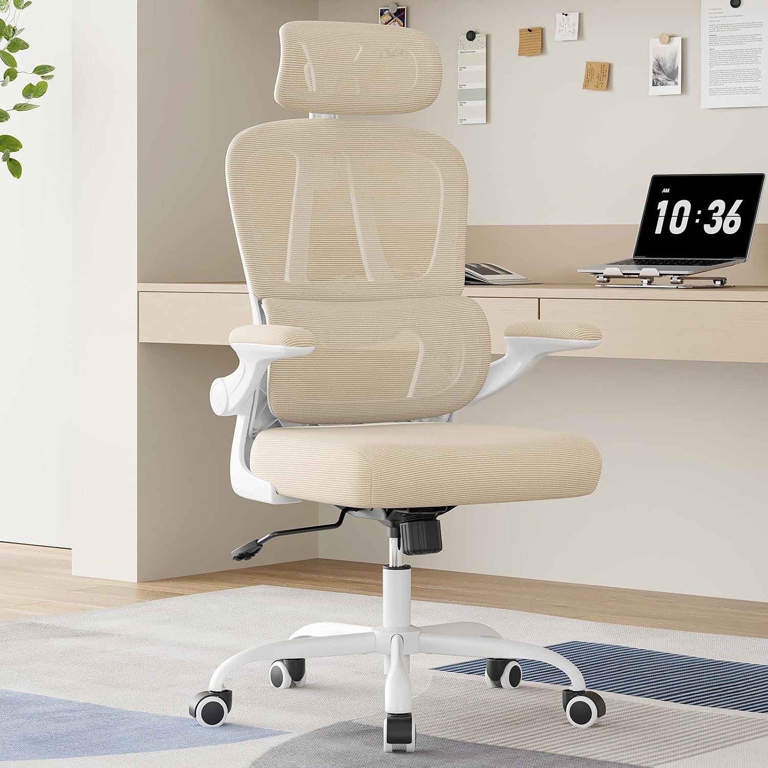 Ergonomic Office Chair with Lumbar Support and Headrest, High Back Mesh Desk Chair with Flip-Up Armrests, 350lbs Capacity Swivel Computer Chair for Home Office, Bedroom (Khaki + White)