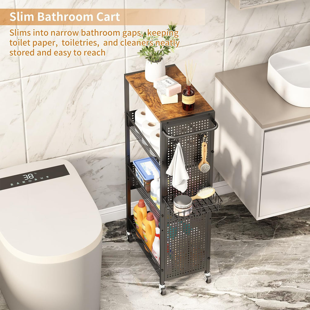 Slim Storage Rolling Cart: 4-Tier Narrow Metal & Wood Utility Cart with Wheels for Kitchen/Laundry/Bathroom(Black)