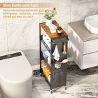 Slim Storage Rolling Cart: 4-Tier Narrow Metal & Wood Utility Cart with Wheels for Kitchen/Laundry/Bathroom(Black)