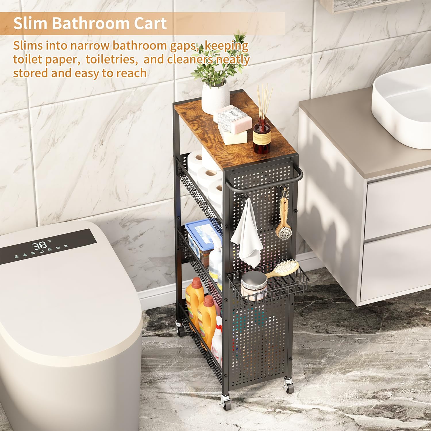 Slim Storage Rolling Cart: 4-Tier Narrow Metal & Wood Utility Cart with Wheels for Kitchen/Laundry/Bathroom(Black)
