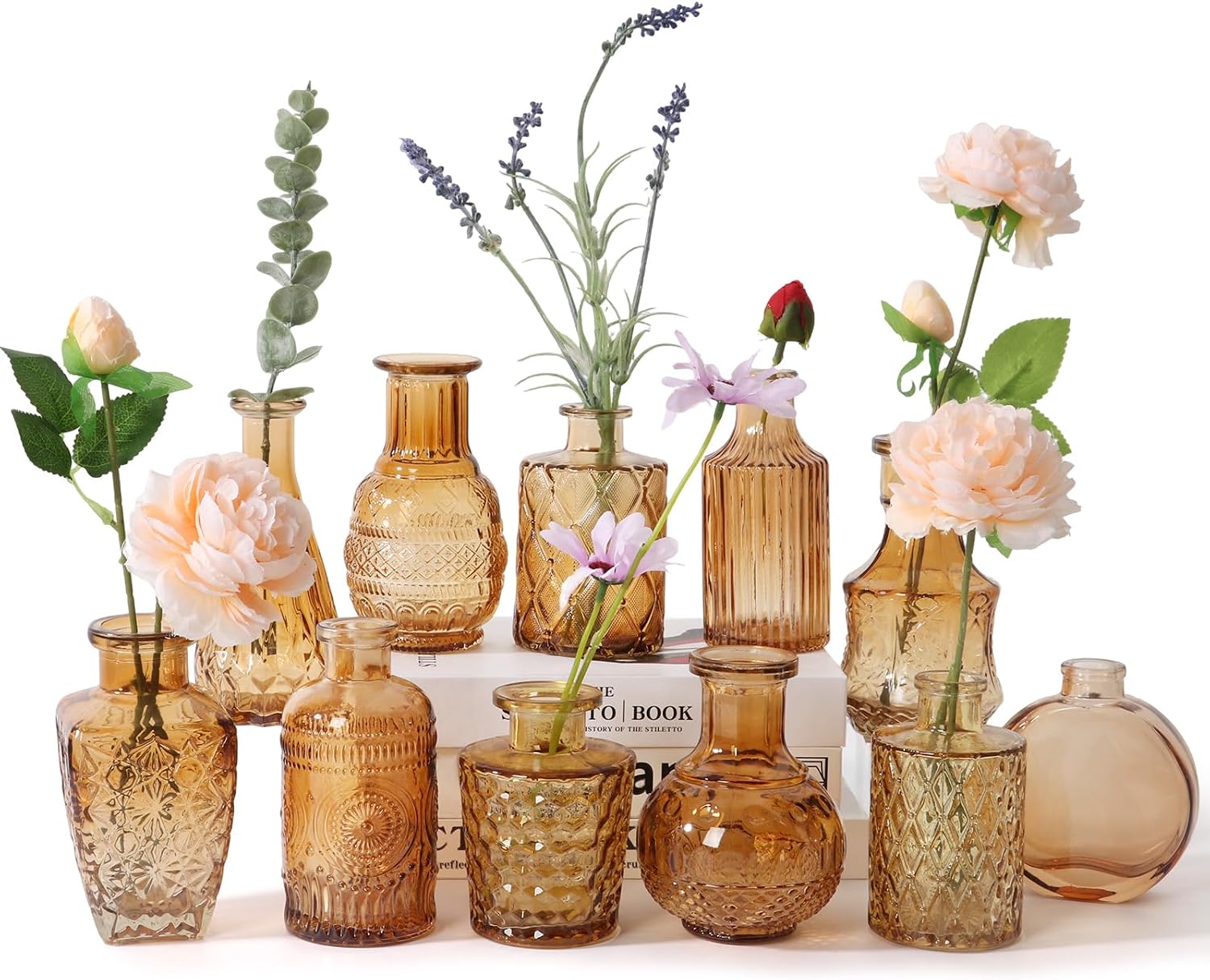 Glass Bud Vases Set of 12 - Small Amber Flower Vase for Wedding Centerpieces, Home Decor, Party Decorations