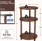 Small Round Side Table, 3-Tier Solid Wood End Table with Storage Shelf, Modern Bedside Tables Night Stand for Living Room, Bedroom, College Dorm, Small Space (Rustic Brown)