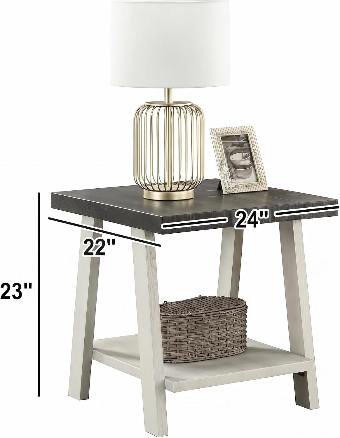 Modern Industrial Wooden End Table, 2-Tier Small Sofa Side Table with Storage for Living Room, Bedroom, Small Spaces, Charcoal + Beige
