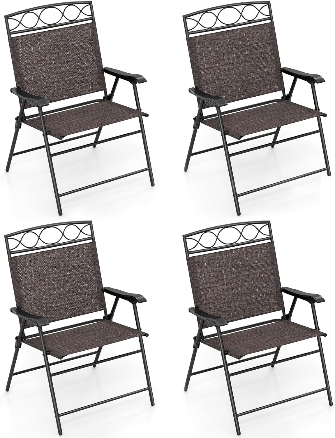 Giantex Set of 4 Patio Folding Chairs, Outdoor Dining Chairs for Camping, Beach, Backyard, Deck, Portable Dining Chair w/Armrest and Metal Frame, 4-Pack (Dark Brown)