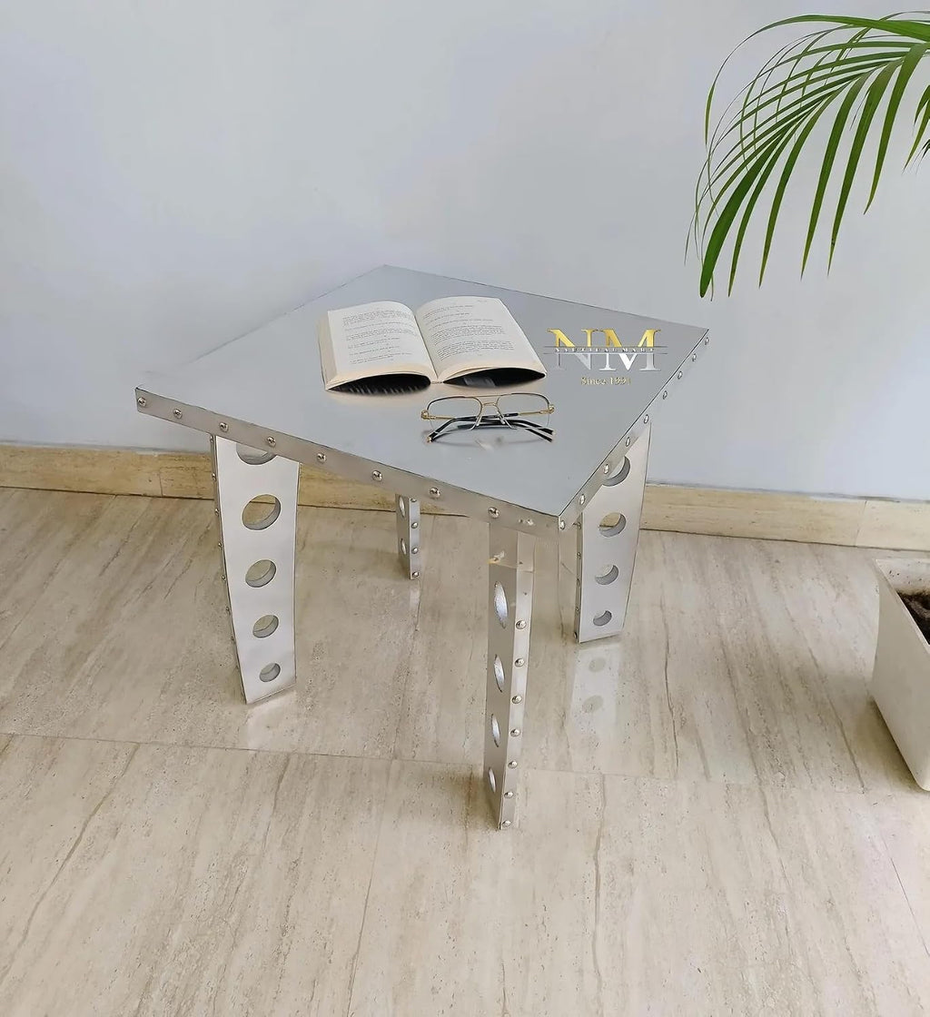 Handcrafted Aluminum Aviator Side Table- Square End Table with Retro Vintage Aircraft Style Coffee Table with Rivets and Cutout Legs Perfect for Living Room, Bedroom and Office Cafe and Rastaurants