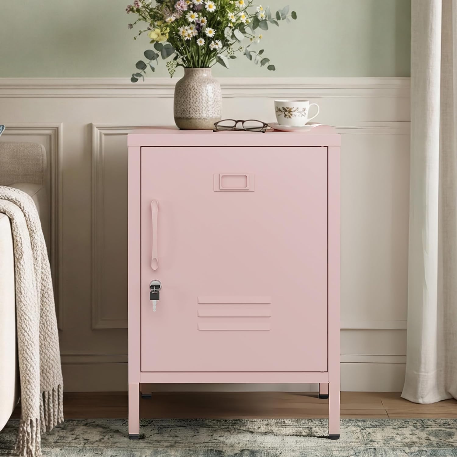 Lockable Metal Nightstand with Door, Industrial Storage Locker End Table, Small Bedside Table for Bedroom Living Room Dorm, Pink