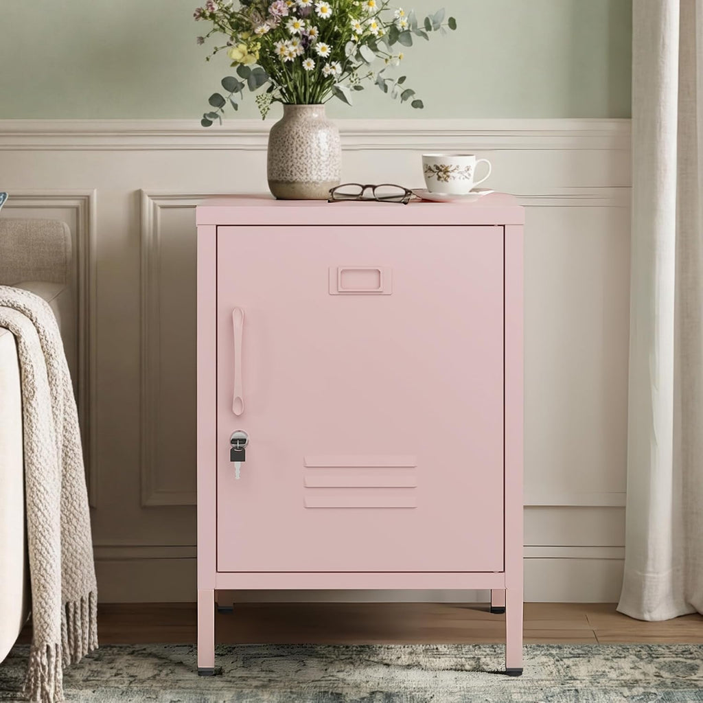 Lockable Metal Nightstand with Door, Industrial Storage Locker End Table, Small Bedside Table for Bedroom Living Room Dorm, Pink