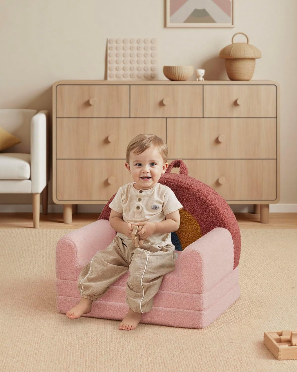 Blissful Diary Foldable Kids Couch, 2-in-1 Comfy Kids Chair for Reading, Playroom, Kids Couch Sofa for Girls Boys Birthday Gift, Blush Rainbow
