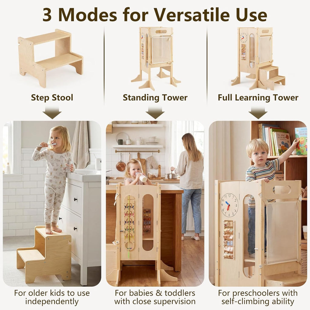 OLAKIDS Toddler Tower Foldable, 4-in-1 Wooden Standing Tower with 2 Step Stool, Chalkboard, Montessori Activity Games Safety Net, Kitchen Stool Helper for Kids 3+ Years