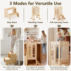 OLAKIDS Toddler Tower Foldable, 4-in-1 Wooden Standing Tower with 2 Step Stool, Chalkboard, Montessori Activity Games Safety Net, Kitchen Stool Helper for Kids 3+ Years