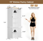 72'' Tall Kitchen Pantry Cabinet, Kitchen Storage Cabinets with 4 Doors and 5 Shelves, Wooden Food Pantry Farmhouse Cupboard Buffet for Dining Living Room, White