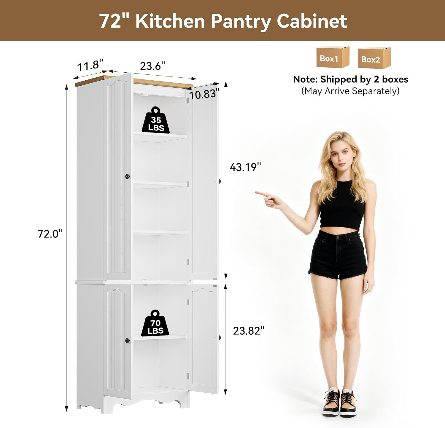 72'' Tall Kitchen Pantry Cabinet, Kitchen Storage Cabinets with 4 Doors and 5 Shelves, Wooden Food Pantry Farmhouse Cupboard Buffet for Dining Living Room, White