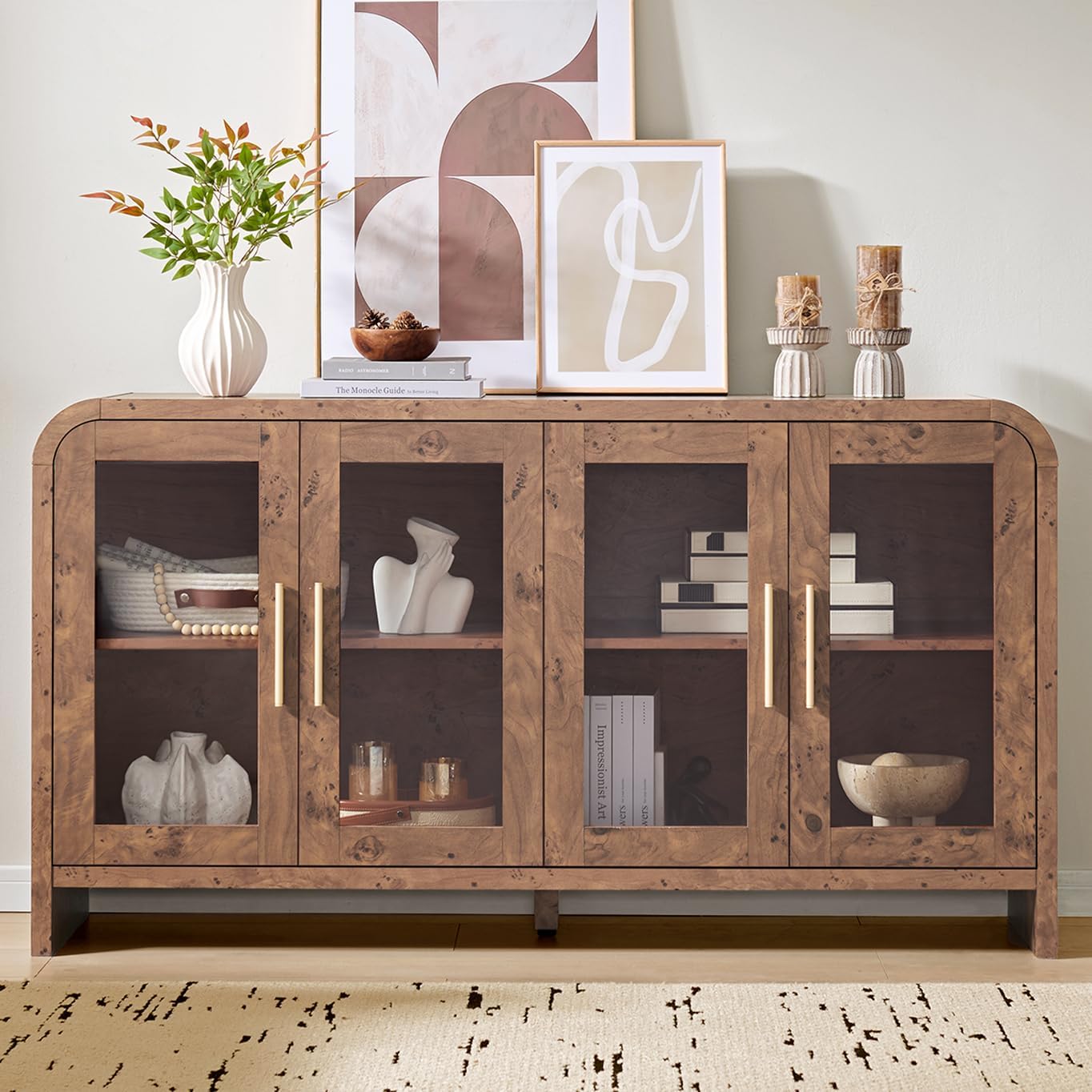 59" Sideboard Buffet Cabinet with Storage, Sideboard Cabinet with Adjustable Shelves & 4 Glass Doors,Coffee Bar Console Table for Kitchen, Living Room, Entryway (Dark Burl)