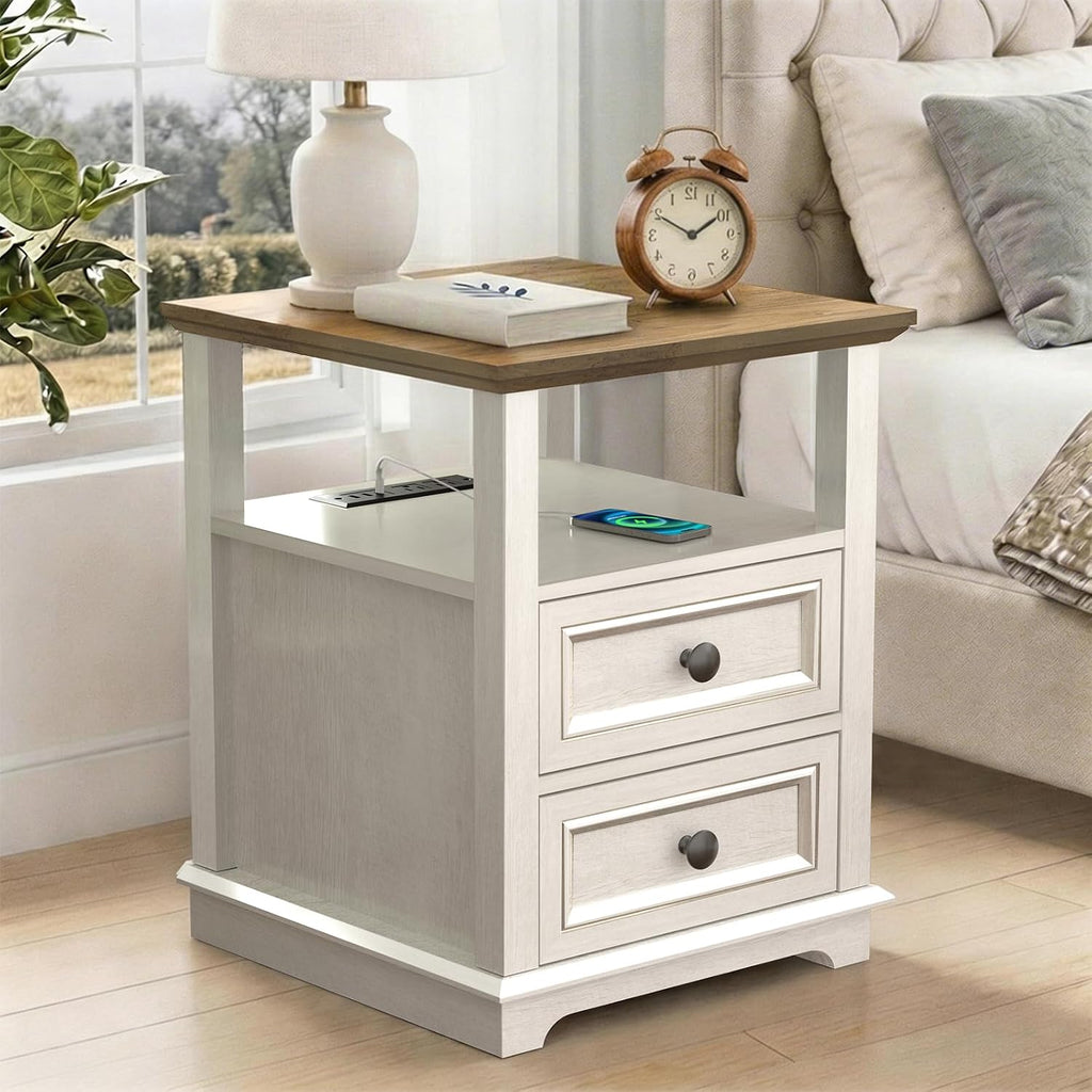 End Table with USB C Charging Station, 18" Wide Side Table with 2 Drawers, Farmhouse Nightstand, Space-Saving Table for Living Room, Bedroom, Office (1, Rustic White)