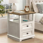 End Table with USB C Charging Station, 18" Wide Side Table with 2 Drawers, Farmhouse Nightstand, Space-Saving Table for Living Room, Bedroom, Office (1, Rustic White)